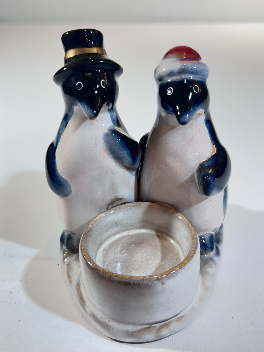 Vintage Ceramic Penguin Couple Votive Candle Holder Top Hat Winter Christmas